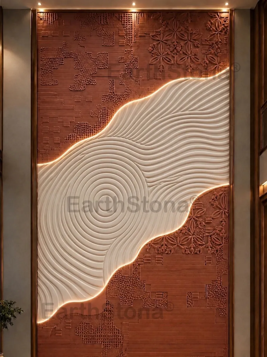 Modern abstract 3D natural sandstone wall cladding with geometric and floral carved patterns